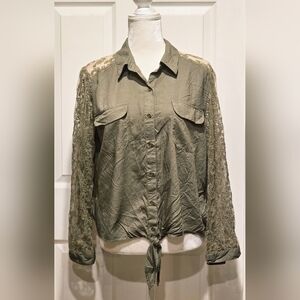 Chico's Army Green Button-Up Dreama Ann Blouse with Lace Sleeves